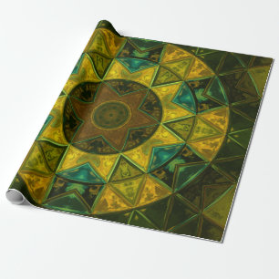 Papel De Presente Mosaico Caleidoscópio Flor Amarelo e Verde