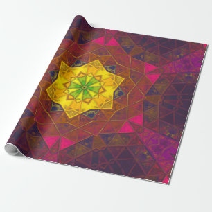 Papel De Presente Mosaico Caleidoscópio Flor Amarelo Roxo e Rosa