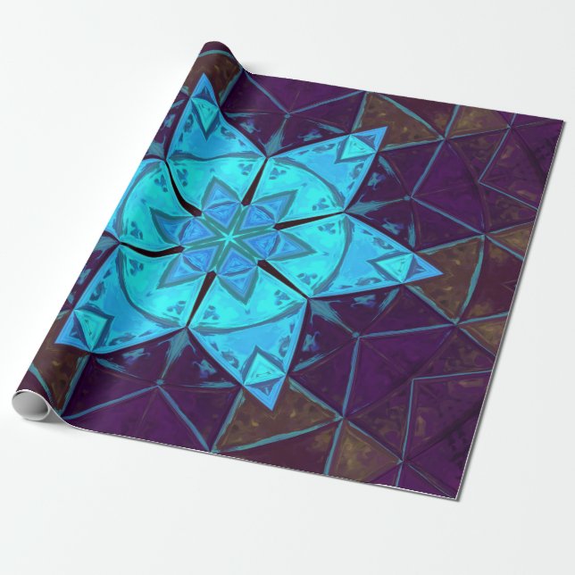 Papel De Presente Mosaico Caleidoscópio Flor Azul e Púrpura (Desenrolado)