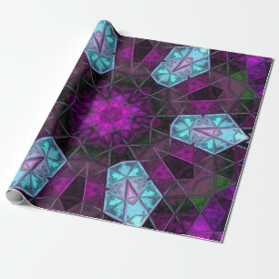 Papel De Presente Mosaico Caleidoscópio Flor Azul e Púrpura