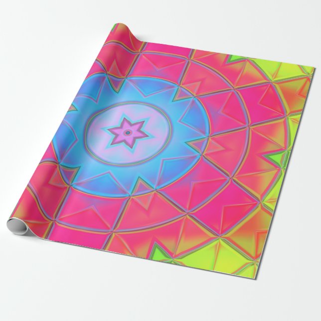 Papel De Presente Mosaico Caleidoscópio Flor Azul, Rosa e Amarelo (Desenrolado)