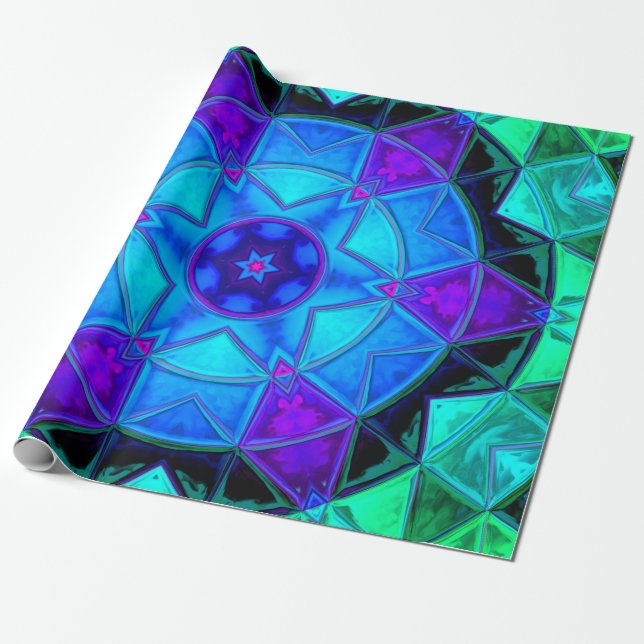 Papel De Presente Mosaico Caleidoscópio Flor Azul Roxo e Teal (Desenrolado)