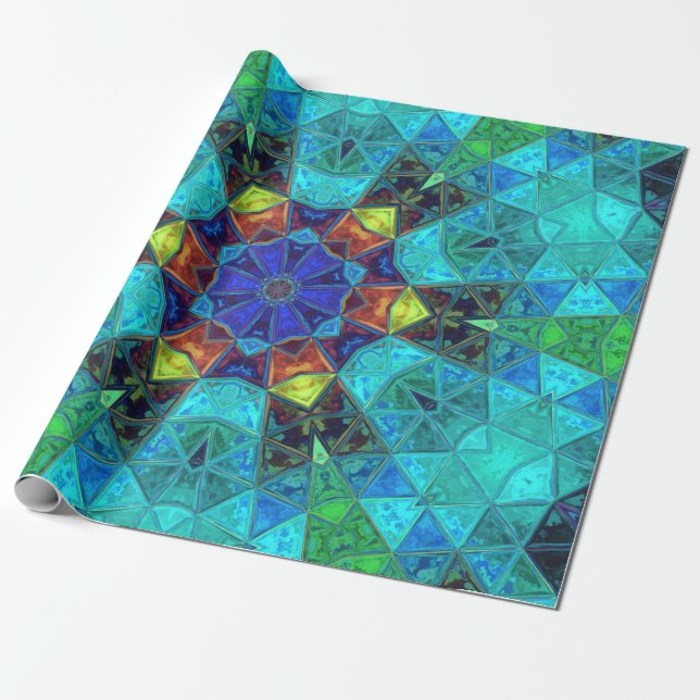 Papel De Presente Mosaico Caleidoscópio Flor Azul Verde e Laranja (Desenrolado)