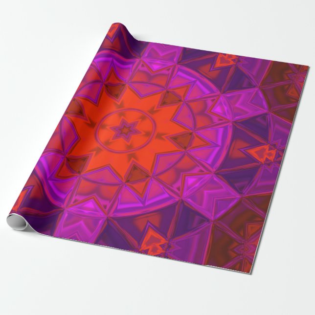 Papel De Presente Mosaico Caleidoscópio Flor Puro Rosa e Vermelho (Desenrolado)