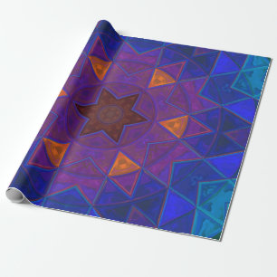 Papel De Presente Mosaico Caleidoscópio Flor Rosa Azul e Amarelo