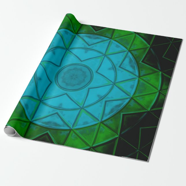 Papel De Presente Mosaico Caleidoscópio Flor Verde e Azul (Desenrolado)