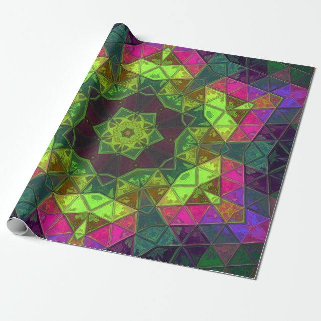 Papel De Presente Mosaico Caleidoscópio Flor Verde Rosa e Roxo (Desenrolado)