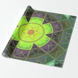 Papel De Presente Mosaico Caleidoscópio Flor Verde Roxo e Amarelo