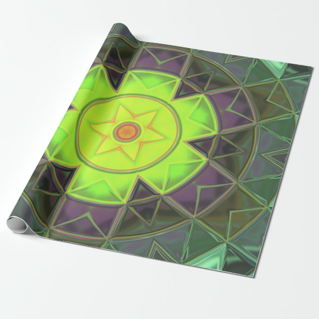 Papel De Presente Mosaico Caleidoscópio Flor Verde Roxo e Amarelo (Desenrolado)