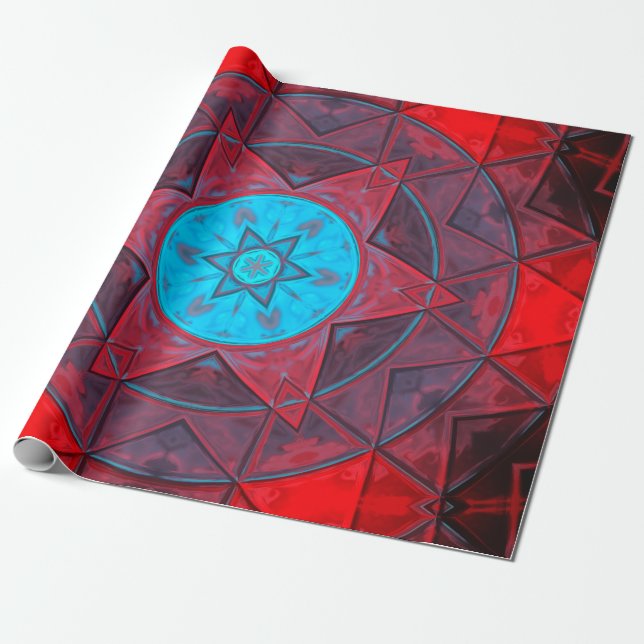 Papel De Presente Mosaico Caleidoscópio Flor Vermelho e Azul (Desenrolado)