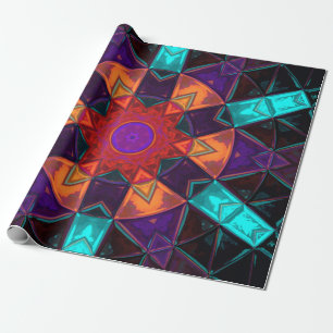 Papel De Presente Mosaico Caleidoscópio Flor Vermelho Laranja e Azul