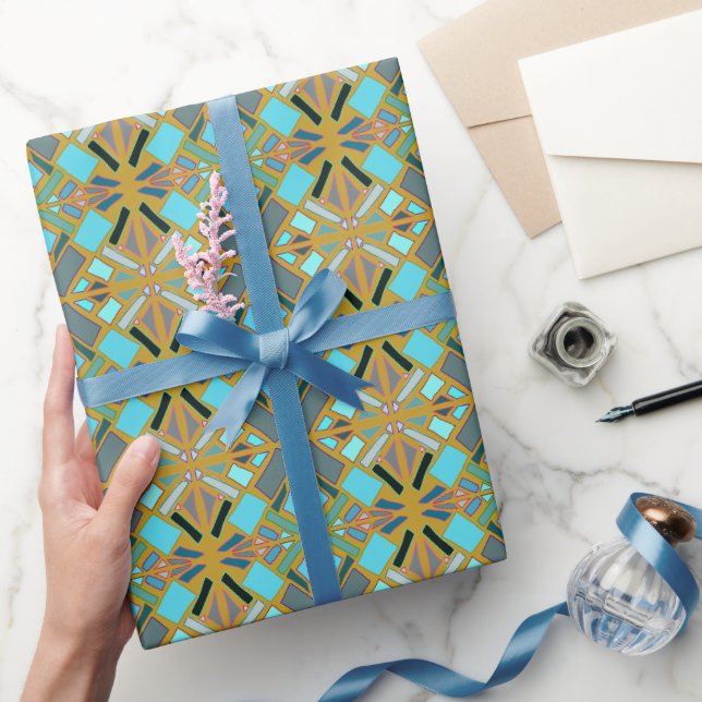 Papel De Presente  Mosaico Dourado Turquesa  (Presentear)