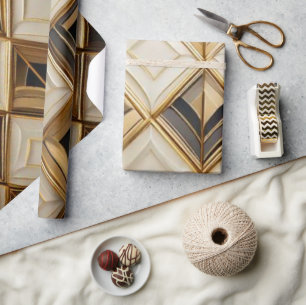 Papel De Presente Mosaico Geométrico Art Déco Elegante em Ouro e Cre