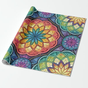Papel De Presente Mosaico Mandala Arco-Íris Radiante – Vidro Fosco