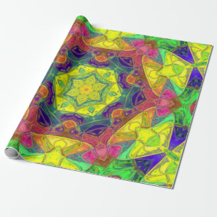 Papel De Presente Mosaico Mandala Flor Amarelo Azul e Verde