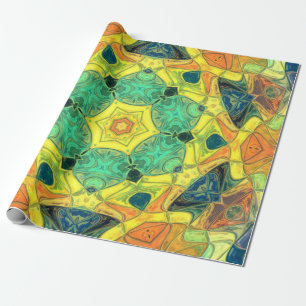 Papel De Presente Mosaico Mandala Flor Verde Amarelo Azul e Laranja