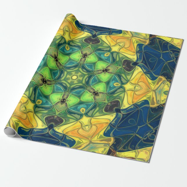 Papel De Presente Mosaico Mandala Flor Verde Amarelo e Azul (Desenrolado)