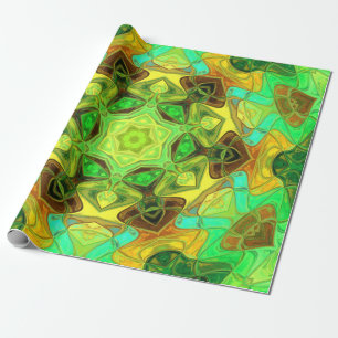Papel De Presente Mosaico Mandala Flor Verde Azul e Amarelo