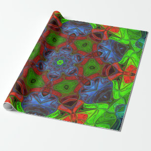 Papel De Presente Mosaico Mandala Flor Verde Vermelho e Azul