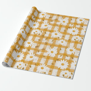 Papel De Presente Mostarda Amarela Margarida Creme Xadrez Fazenda