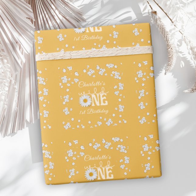 Papel De Presente Mostarda Daisy Wild One 1º Aniversário (Criador carregado)