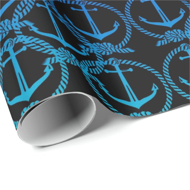Papel De Presente Motif da Âncora Azul Náutica (Ponta do rolo)