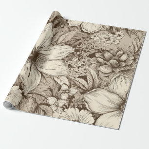 Papel De Presente Motivo Botânico Refinado em Tons Sepia Suaves