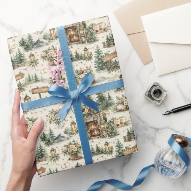 Papel De Presente Mountain Lodge Wedding Watercolor Pattern (Presentear)