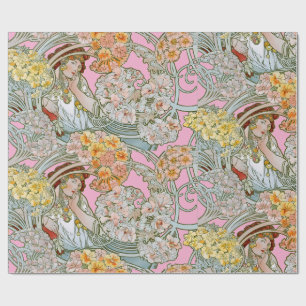 Papel De Presente Mulher Art Nouveau & Padrão Floral por Mucha