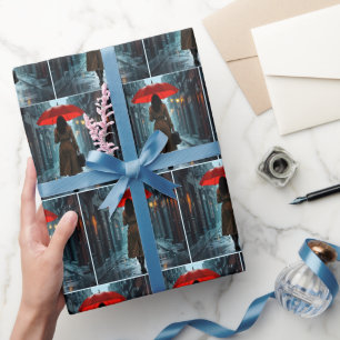 Papel De Presente Mulher Com um Guarda-Chuva Vermelho e Pasta