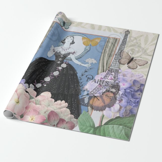 Papel De Presente Mulher Elegante Azul Vestido Floral Chique  (Desenrolado)