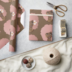 Papel De Presente Mulher Negra, Cor-de-rosa afro com flor, castanha