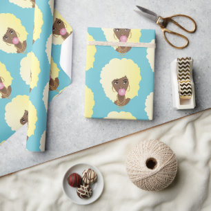 Papel De Presente Mulher Negra, Loura Afro, Bublegum Rosa, Azul