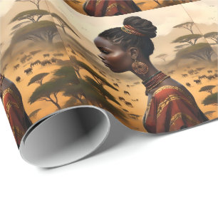Papel De Presente Mulher Tribal A Observar A Sua Paisagem Africana.