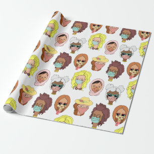 Papel De Presente Mulheres Bonitas Vestindo Máscaras Máscaras Padrão
