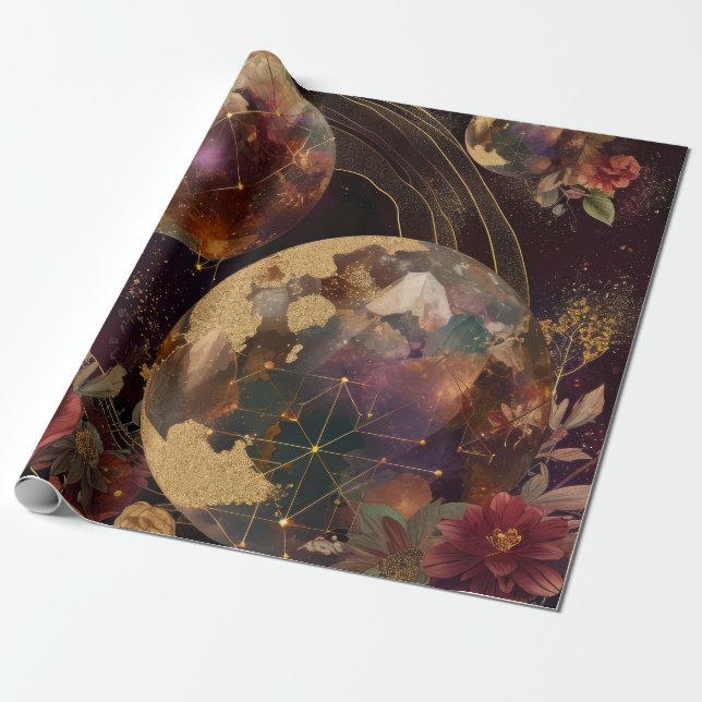 Papel De Presente Mundo de Cristal Celestial Dourado Roxo Galáxia (Desenrolado)