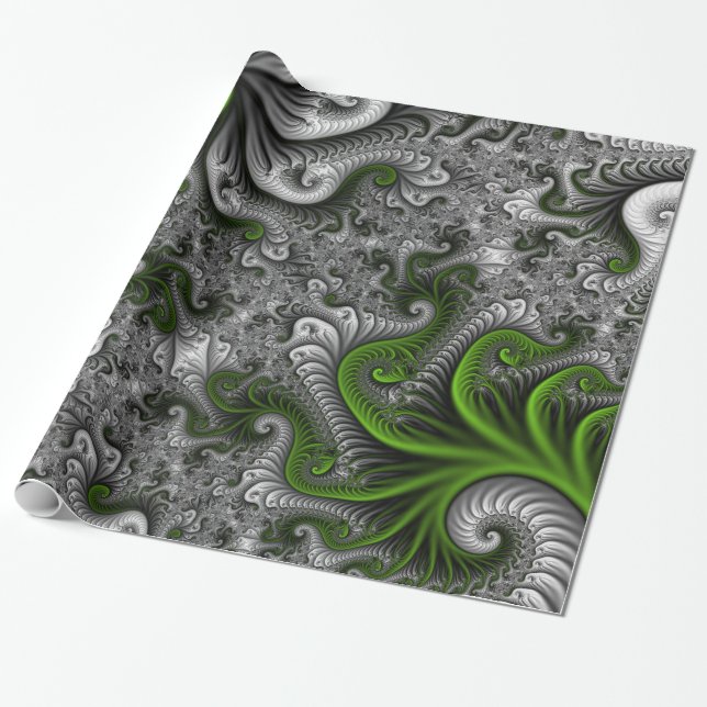 Papel De Presente Mundo Fantástico Arte Fractal Abstrata Verde e Cin (Desenrolado)