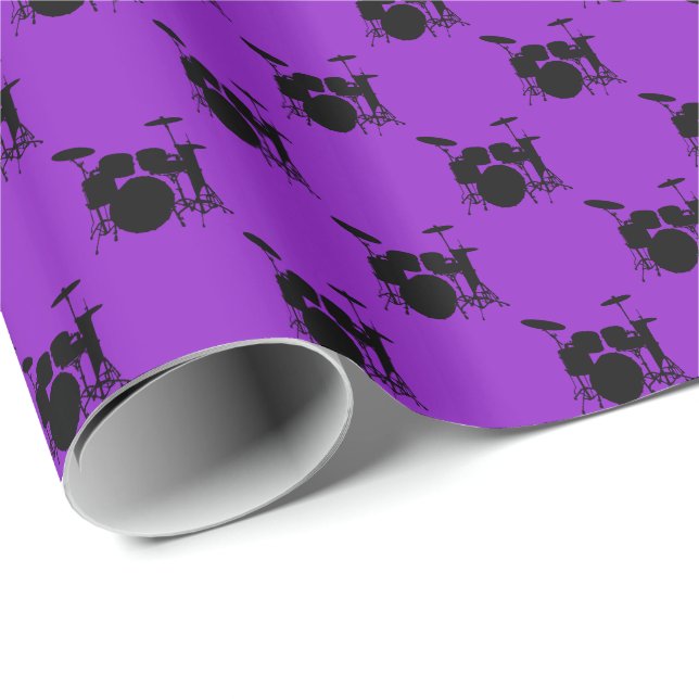 Papel De Presente Music Black Drum Set on Purple (Ponta do rolo)