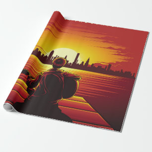 Papel De Presente Música da ilustração do pôr do sol,sozinho,garoto,