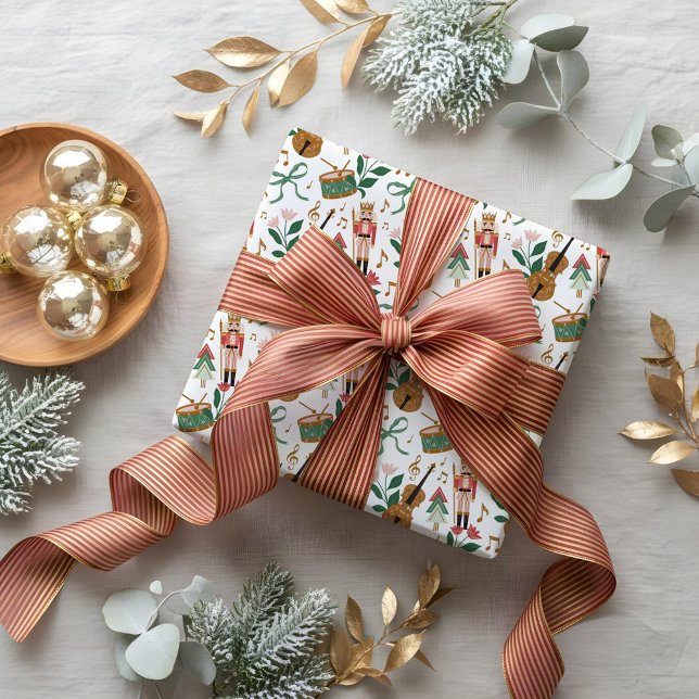 Papel De Presente Música de Fita de Natal do Moderno Nutcracker (Modern Nutcracker Christmas Bow Ribbon Music Wrapping Paper)