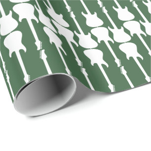 Papel De Presente Música Guitarra Elétrica Branca Listras, Verde Caç
