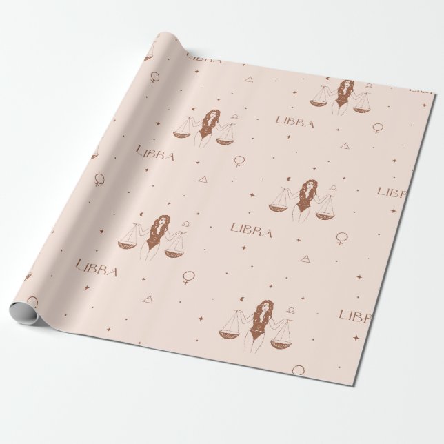 Papel De Presente Mystical Libra Zodiac Pattern in Pink and Brown (Desenrolado)