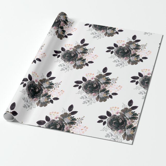 Papel De Presente Na moda de buquê monocromático das flores a aquare (Desenrolado)