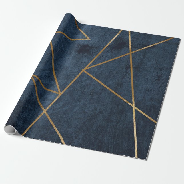 Papel De Presente Na moda Geométrico marinho Azul Dourado (Desenrolado)