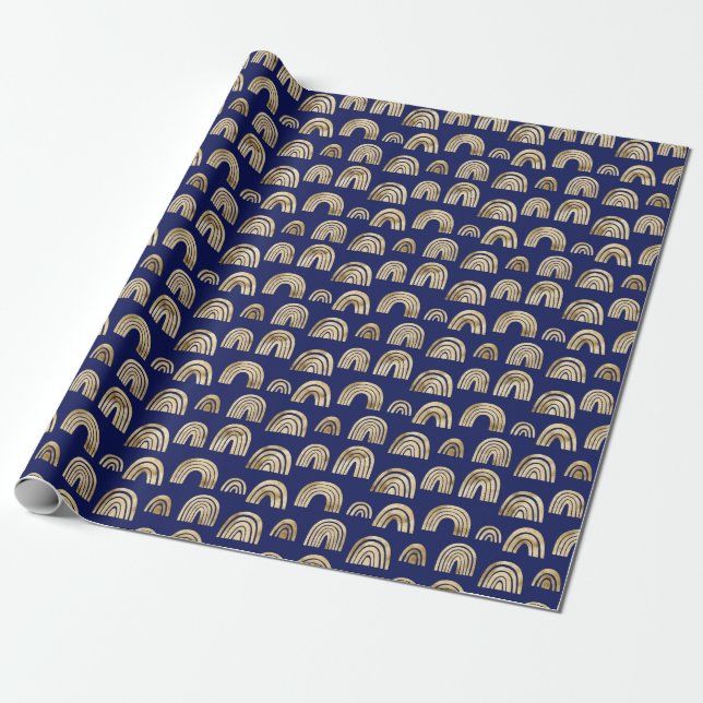 Papel De Presente Na moda Glam Dourado Arco-Íris Padrão Marinho Azul (Desenrolado)