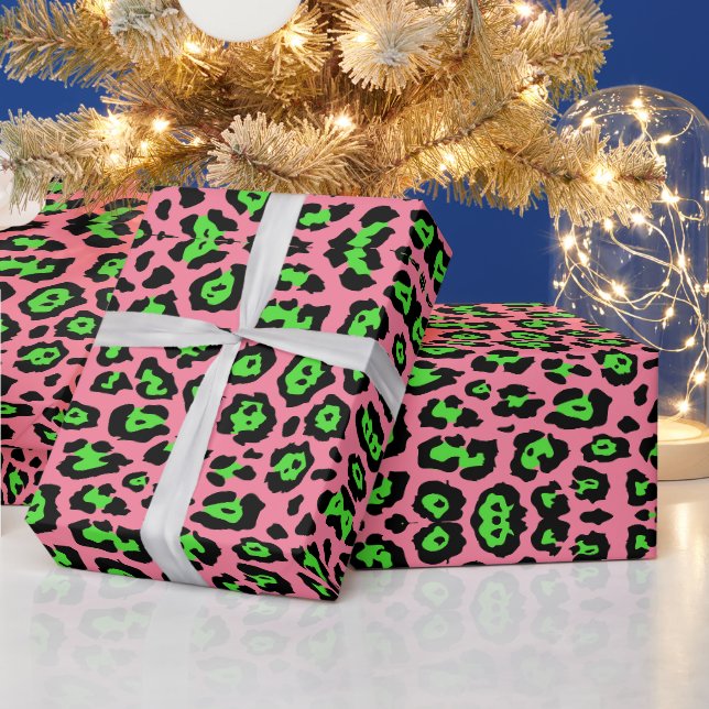 Papel De Presente Na moda-leopardo imprimido verde-rosa-tendências (Feriados)