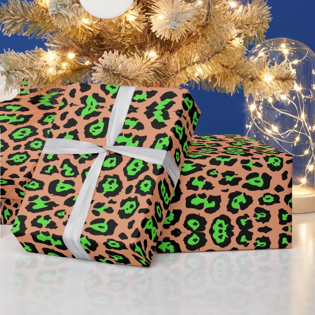 Papel De Presente Na moda-leopardo-néon-laranja-damasco verde (Feriados)
