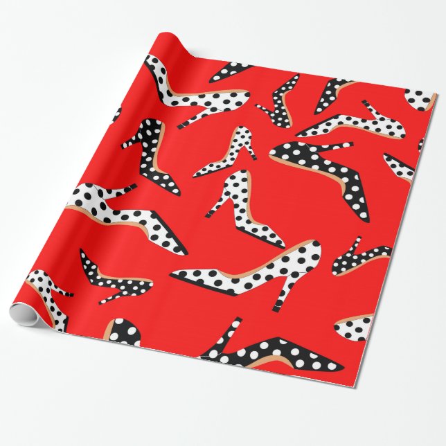 Papel De Presente Na moda vermelho com saltos altos preto e branco (Desenrolado)