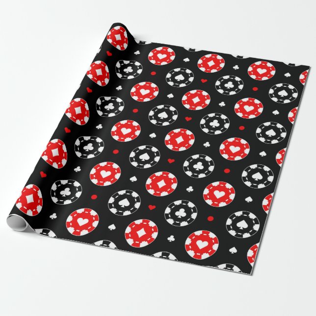 Papel De Presente Naipe de Cassino Preto Vermelho e Branco (Desenrolado)