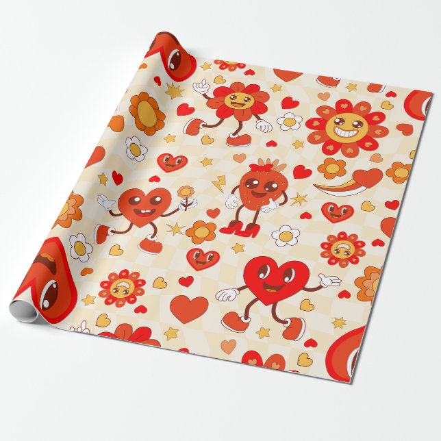 Papel De Presente namorados groovy pop art funky morango da década d (Desenrolado)